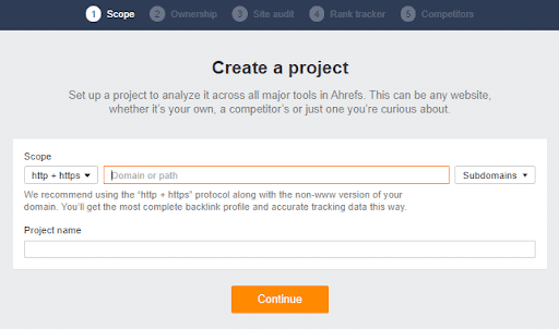 Ahrefs new project